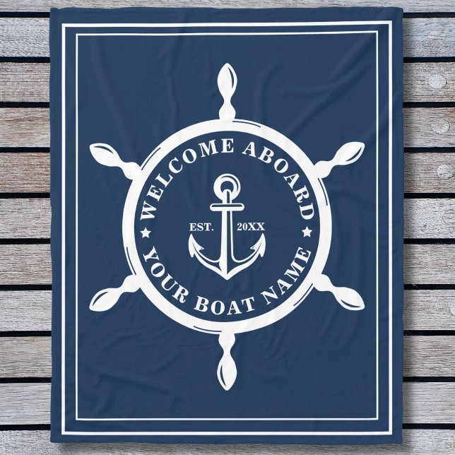Nautical Custom Boat Name Anchor Wheel Navy Blue Fleece Blanket (Nautical Custom Boat Name Anchor Wheel Navy Blue Fleece Blanket)