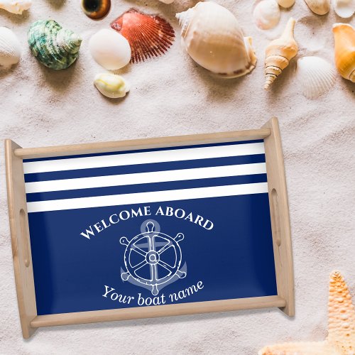 Nautical Custom Boat Name Anchor Wheel Navy Blue  Serving Tray