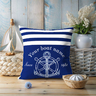 Nautical Custom Boat Name Anchor Wheel Navy Blue Throw Pillow