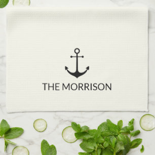 Nautical Custom Boat Name black anchor ivory Kitchen Towel