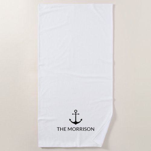 Nautical Custom Boat Name black anchor white Beach Towel