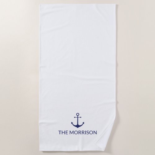 Nautical Custom Boat Name navy blue anchor white Beach Towel