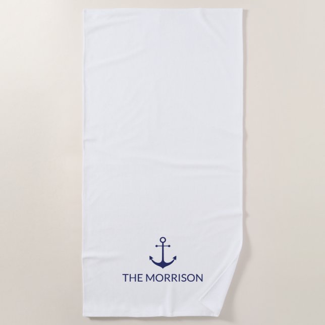 Nautical Custom Boat Name navy blue anchor white Beach Towel (Front)