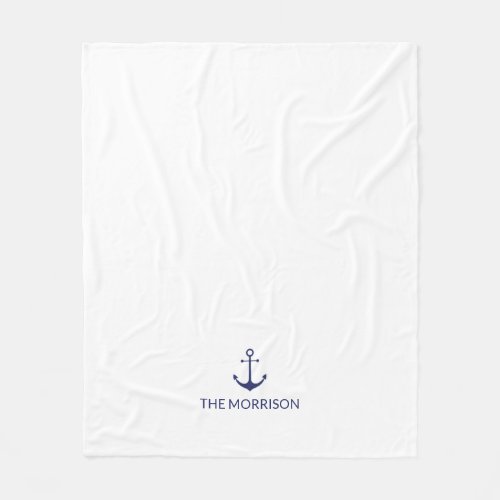 Nautical Custom Boat Name navy blue anchor white Fleece Blanket