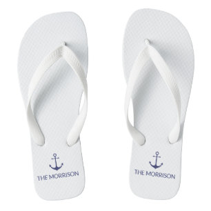 Nautical Custom Boat Name navy blue anchor white Flip Flops