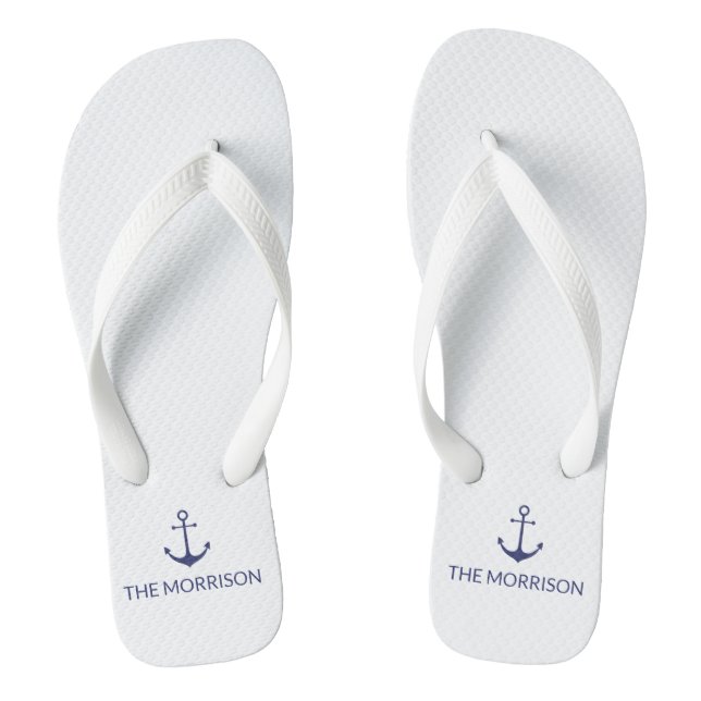 Nautical Custom Boat Name navy blue anchor white Flip Flops (Footbed)