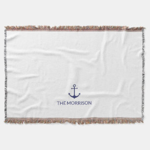 Nautical Custom Boat Name navy blue anchor white Throw Blanket
