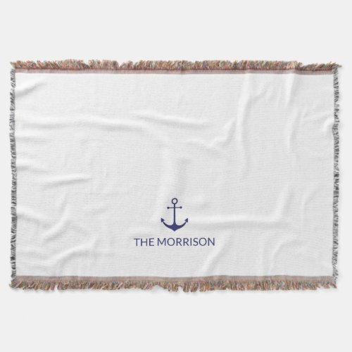 Nautical Custom Boat Name navy blue anchor white Throw Blanket