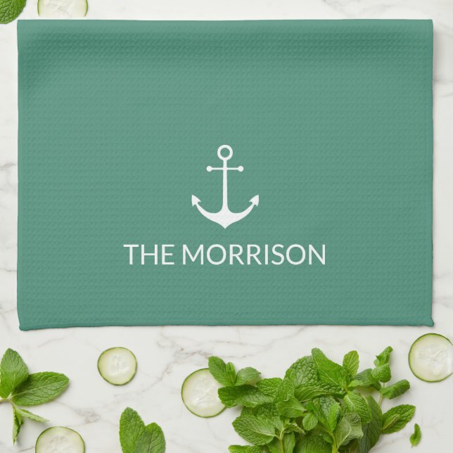 Nautical Custom Boat Name white anchor aquamarine Kitchen Towel (Folded)