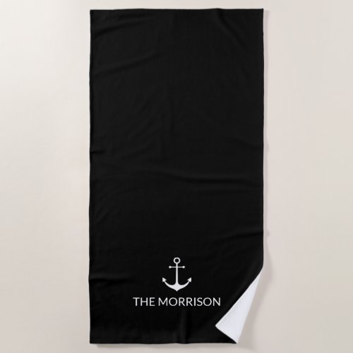 Nautical Custom Boat Name white anchor black Beach Towel