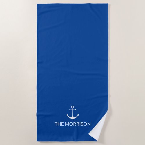 Nautical Custom Boat Name white anchor blue white Beach Towel