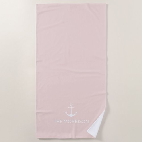 Nautical Custom Boat Name white anchor blush pink Beach Towel