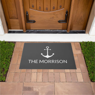 Nautical Custom Boat Name white anchor charcoal Doormat