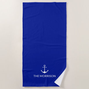Nautical Custom Boat Name white anchor cobalt blue Beach Towel