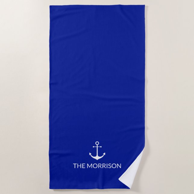 Nautical Custom Boat Name white anchor cobalt blue Beach Towel (Front)