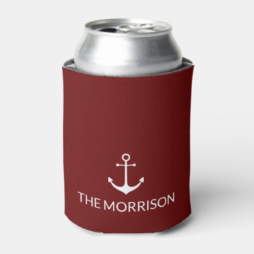 Nautical Custom Boat Name white anchor maroon Can Cooler
