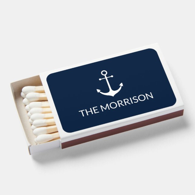 Nautical Custom Boat Name white anchor navy blue Matchboxes (Front Open)