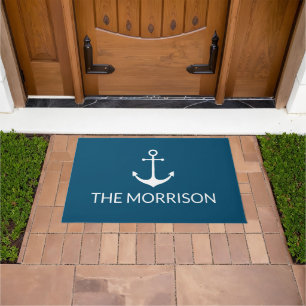 Nautical Custom Boat Name white anchor teal blue Doormat