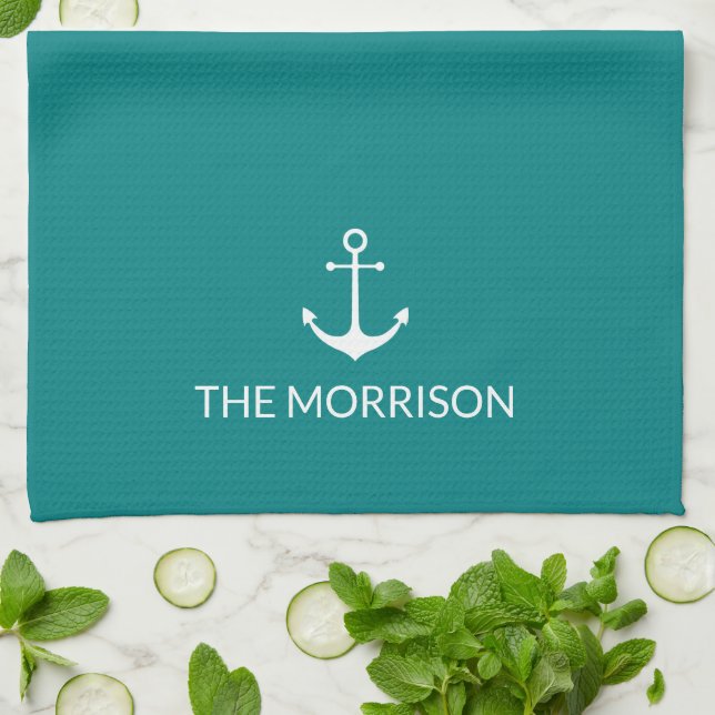 Nautical Custom Boat Name white anchor teal Kitchen Towel (Folded)