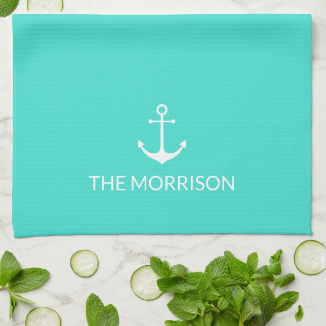 Nautical Custom Boat Name white anchor turquoise Kitchen Towel (Folded)