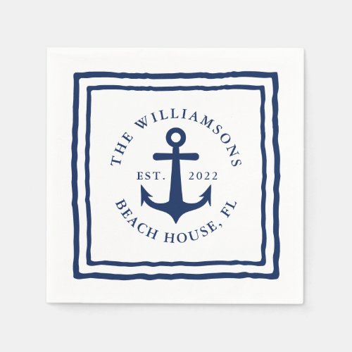 Nautical Custom Family Name White Navy Blue Anchor Napkins