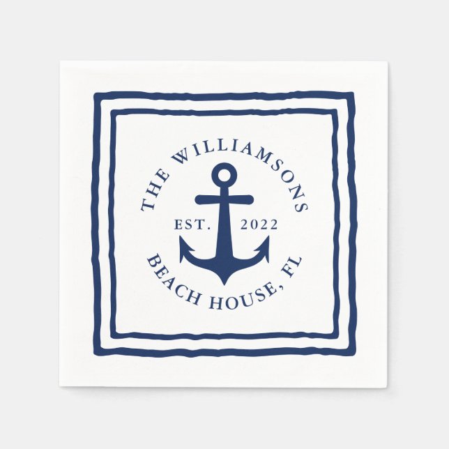 Nautical Custom Family Name White Navy Blue Anchor Napkins (Front)