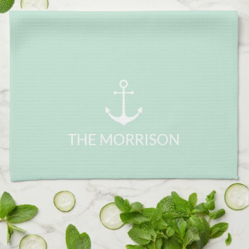 Nautical Custom Name anchor seafoam mint green Kitchen Towel