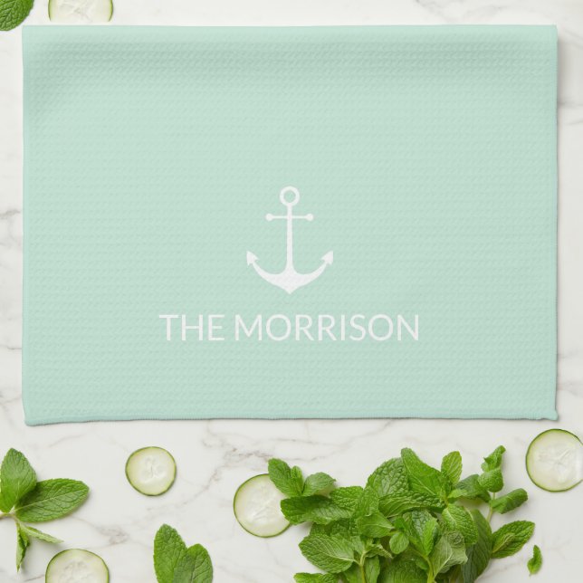 Nautical Custom Name anchor seafoam mint green Kitchen Towel (Folded)