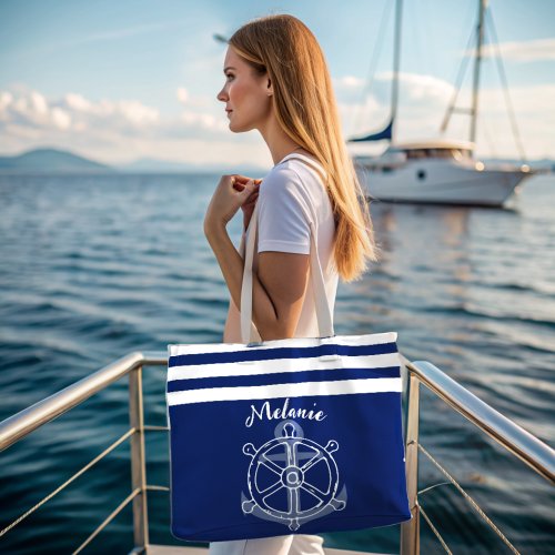 nautical custom name anchor wheel navy blue tote bag