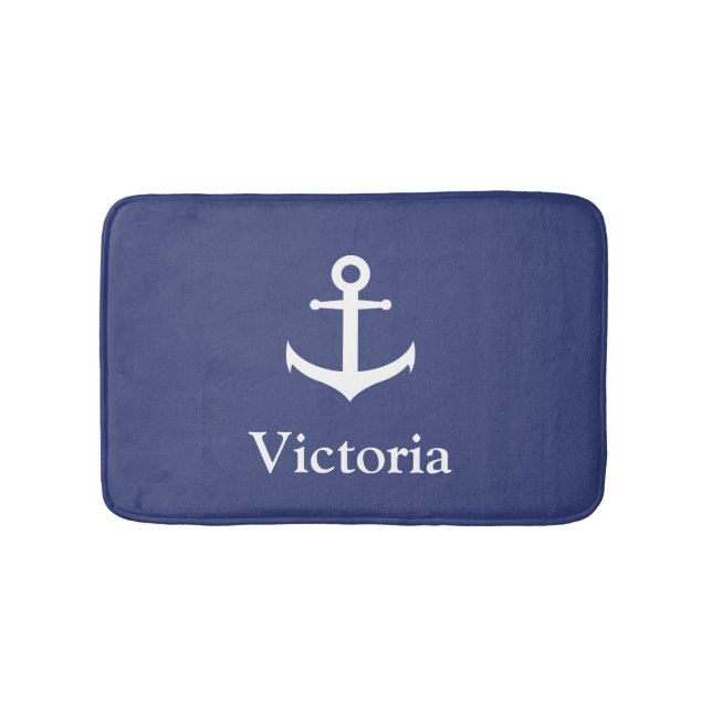 Nautical Custom Name Blue and White Anchor Bath Mat (Front)