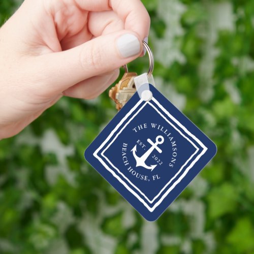 Nautical Custom Name Navy Blue White Anchor Keychain