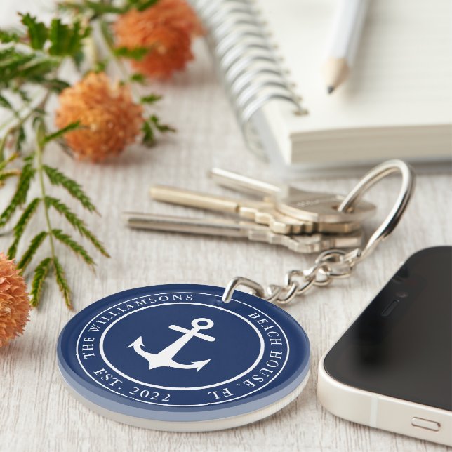 Nautical Custom Name Year Navy Blue White Anchor Keychain (Front Right)