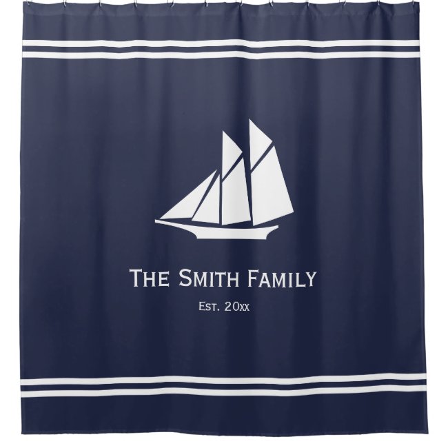 Nautical Custom Text on Midnight Blue and White Shower Curtain