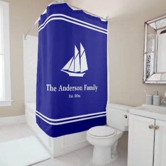 Nautical Custom Text on Navy Blue and White Shower Curtain | Zazzle