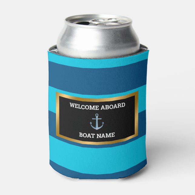 Nautical Customize Boat Name Anchor Navy Blue Can Cooler (Can Front)
