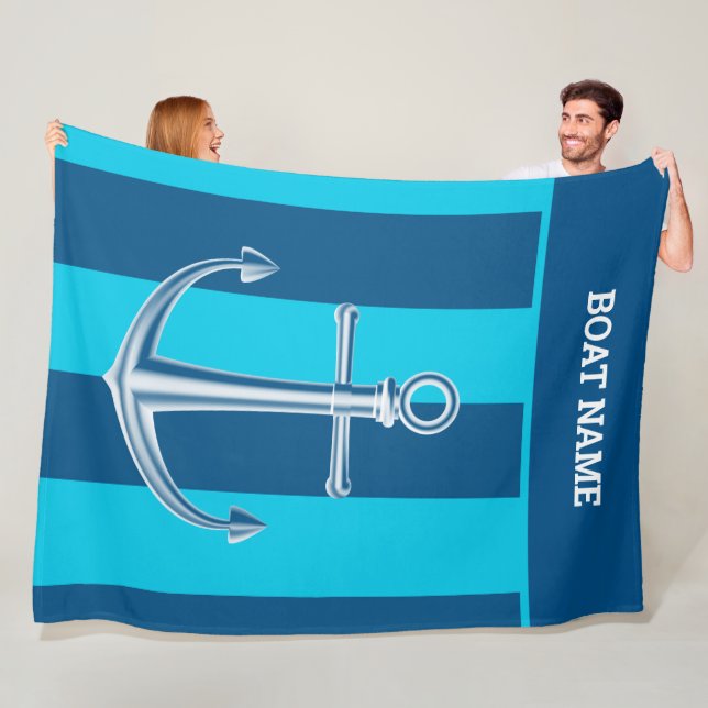 Nautical Customize Boat Name Anchor Navy Blue Fleece Blanket (In Situ)