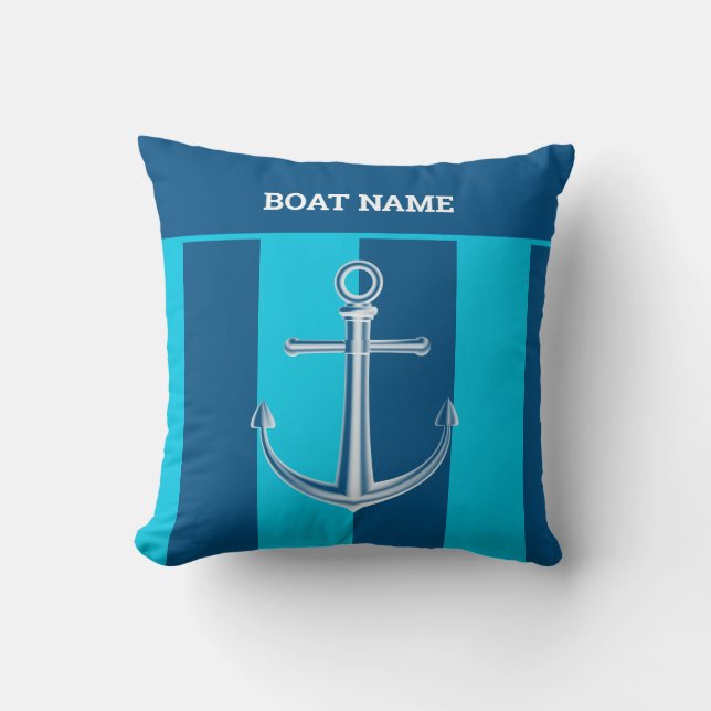 Nautical Customize Boat Name Anchor Navy Blue Throw Pillow (Front)