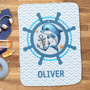 Nautical Cute Dolphin & Anchor in Ship Wheel Baby Blanket