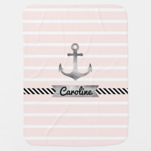 Nautical Cute Pink Stripes, Anchor and Custom Name Swaddle Blanket