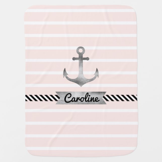 Nautical Cute Pink Stripes, Anchor and Custom Name Swaddle Blanket (Front)