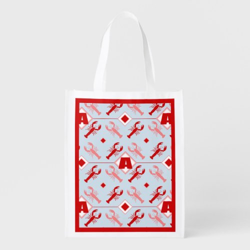 Nautical Cute Red Monogram  Coastal Lobster Grocery Bag