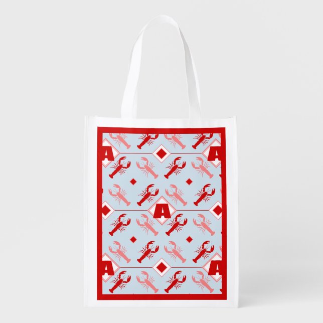 Nautical Cute Red Monogram & Coastal Lobster Grocery Bag (Front)