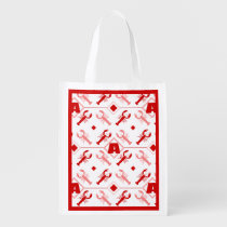 Nautical Cute Red Monogram &amp; Coastal Lobster Grocery Bag