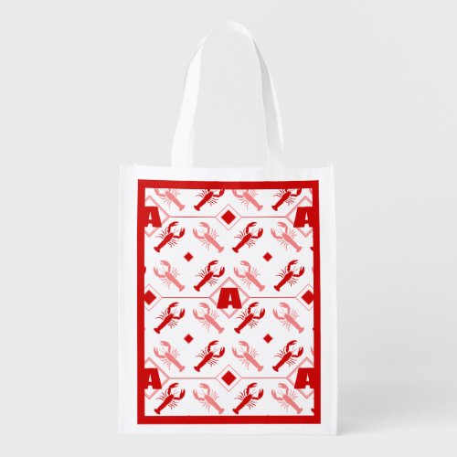 Nautical Cute Red Monogram  Coastal Lobster Grocery Bag