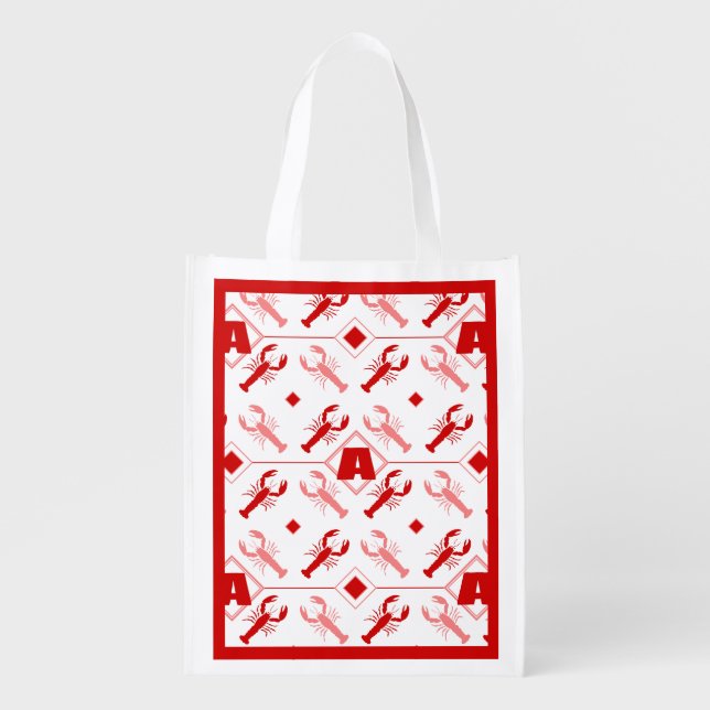 Nautical Cute Red Monogram & Coastal Lobster Grocery Bag (Front)