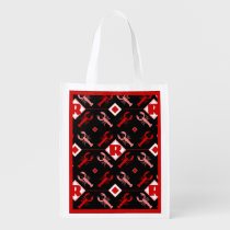 Nautical Cute Red Monogram &amp; Lobster on Black Grocery Bag