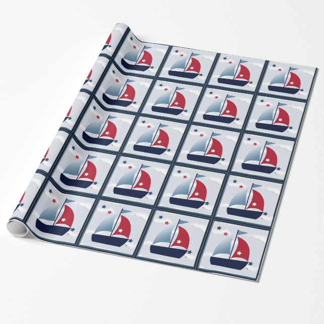 Nautical Cute Sailboat Design Wrap Wrapping Paper (Unrolled)