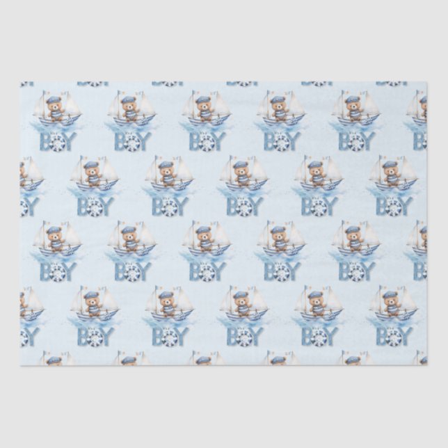 Nautical Cute Teddy Bear Blue Boat It's a Boy Tissue Paper (Front)