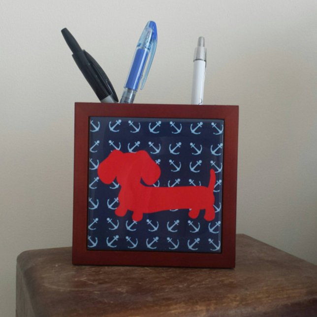 Nautical Dachshund Beach Desk Pen Holder Organizer (Dachshund office desk organizer)