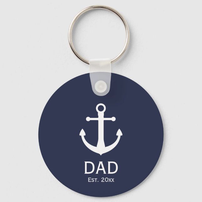 Nautical Dad Est. Year Blue and White Anchor Keychain (Front)